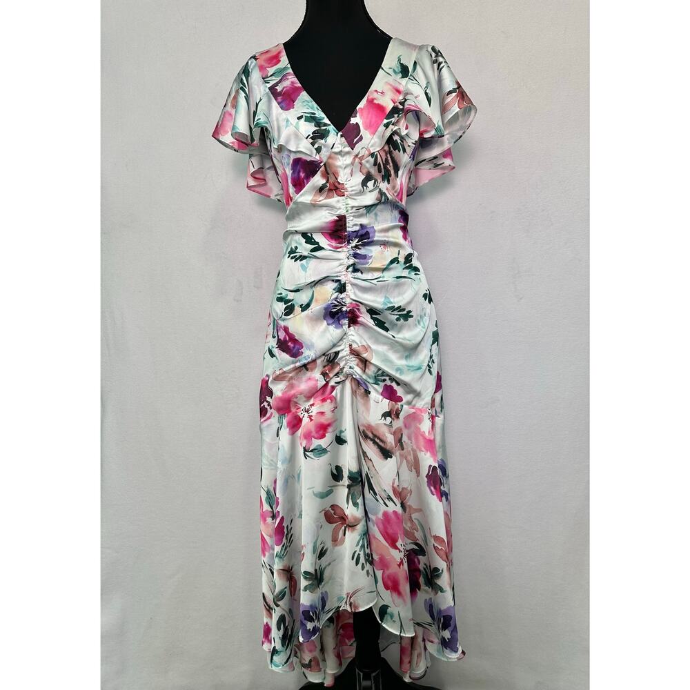 Parker Black Charlotte Watercolor Floral Satin High Low Midi Dress Size 4 - Picture 2 of 14